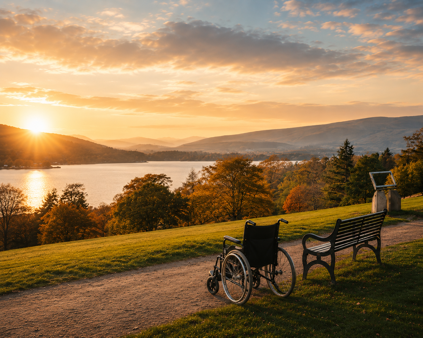 Sunset over Loch Lomond with a wheelchair and bench overlooking the water